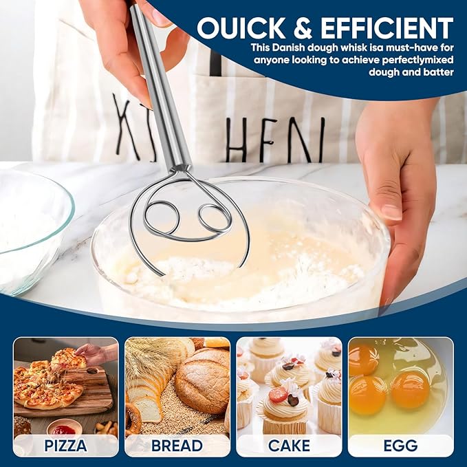 YIGEDA Danish Dough Whisk Stainless Steel Wooden Handle for Sourdough Bread Pizza and Pastry Making