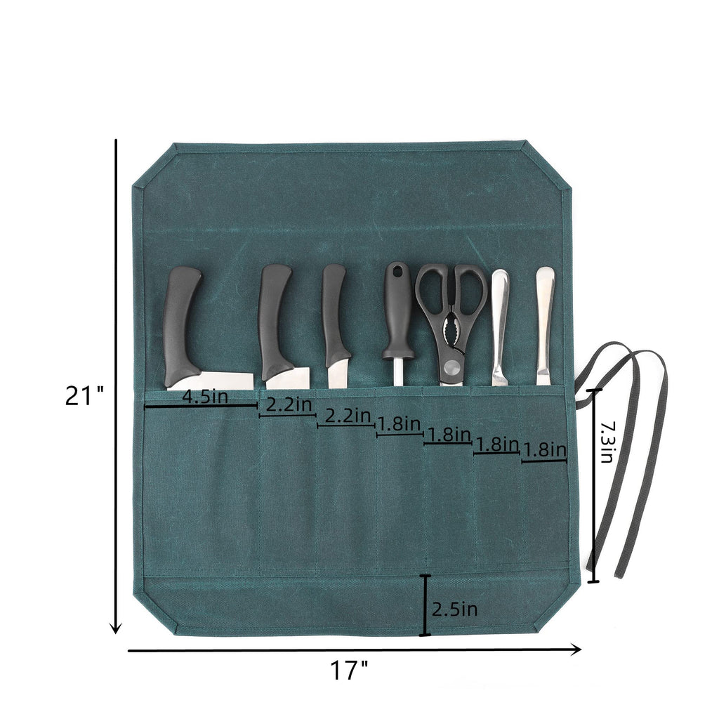 Denifiter Heavy Duty Waxed Canvas Chef Knife Storage Roll Bag With 7 Slots, Waterproof And Durable (Dark Green)