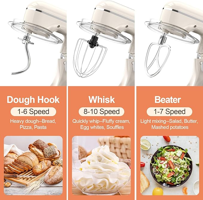 CEBORY 3-IN-1 Electric Stand Mixer, 6.5QT Bowl 660W 10-Speed Kitchen Mixer, Household Food Mixers include Dough Hook, Beater and Whisk, Bread Cake Mixer for Baking and Most Home Cooks, Almond Cream