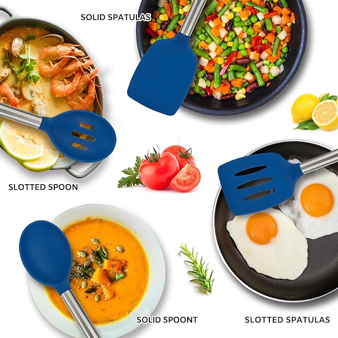 YASUEBI Kitchen Utensils Silicone Cooking Utensils Set for Nonstick Cookware Silicone Cooking Kitchen Utensils Set Perfect for Baking and Mixing Spatula Set BPA Free Dishwasher Safe Blue 4 Pack