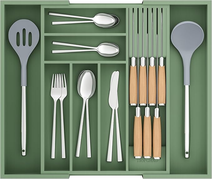TIOPGHAD Expandable Bamboo Silverware Drawer Organizer Tray, Grayish Green