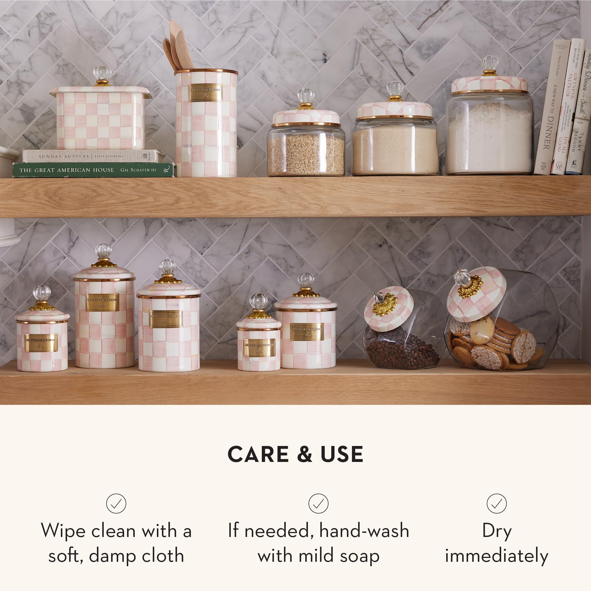MACKENZIE-CHILDS Rosy Check Kitchen Canister, Decorative Pink-and-White Glass Storage Jar with Lid, Large