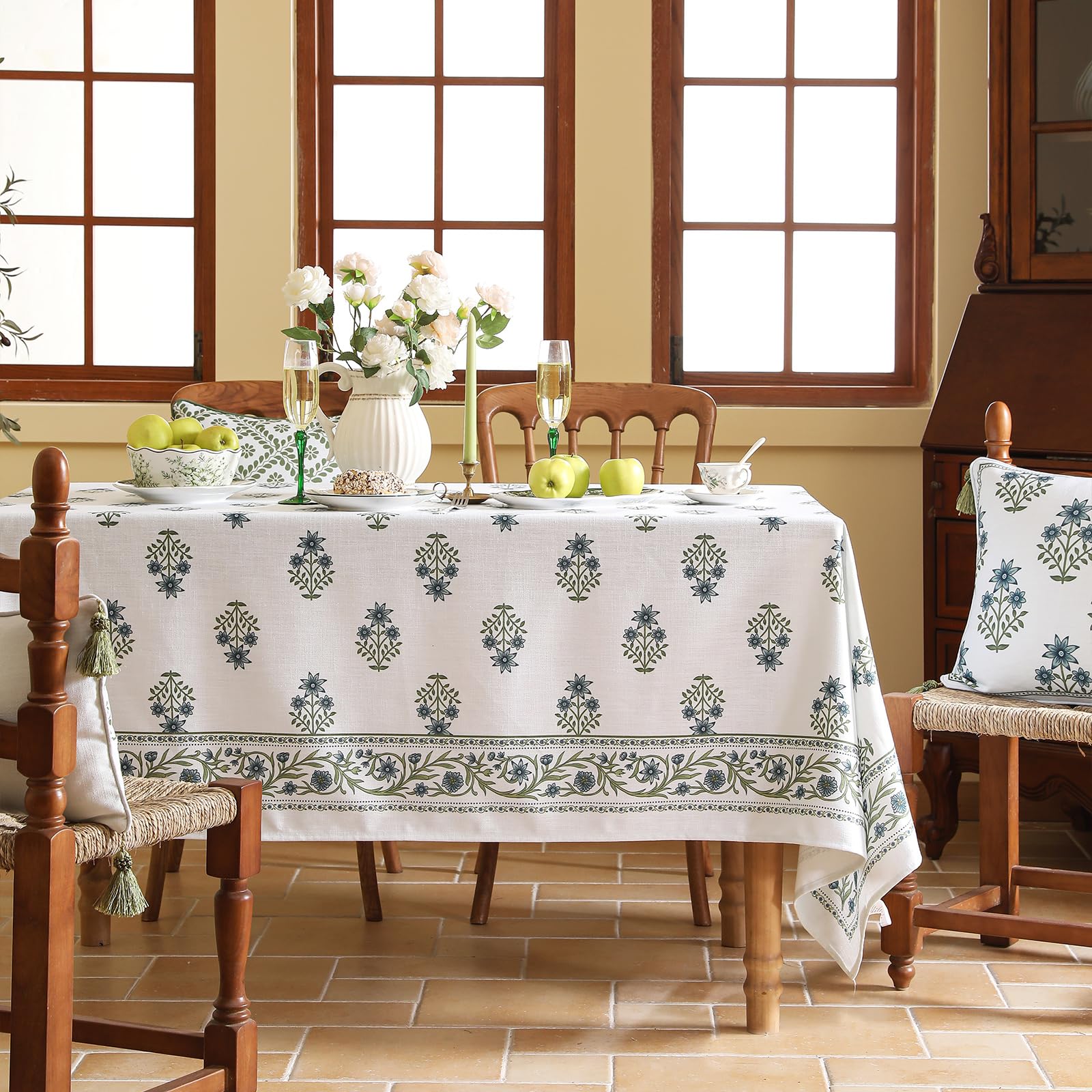 ISAENNE Designer French Linen Rectangular Tablecloth,110"x63"-Mosella F