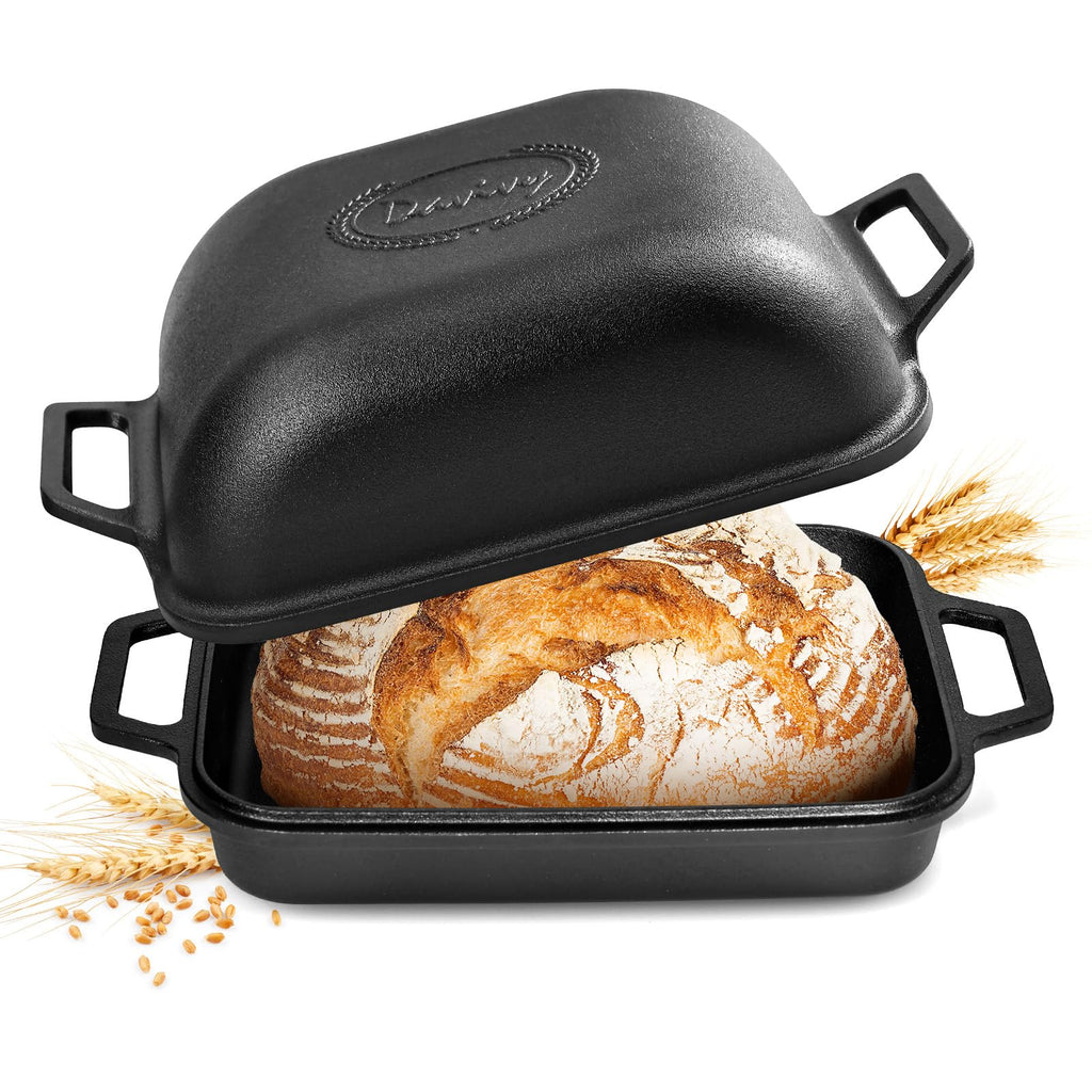 Davivy 9QT Large Cast Iron Bread Loaf Pan with Lid, Dutch Oven for Sourdough Bread Baking, Non-stick Cast Iron Sourdough Baking Pan with Lid, 12.3" x 9.2", Matte Black