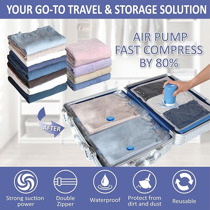 Cozy Essential Travel Vacuum Storage Bags with Rechargeable Cordless USB Pump, Space Saver Bags for Luggage, Suitcase, Carry-On, for Clothes, Blankets, Bedding & Seasonal Storage,15 Combo