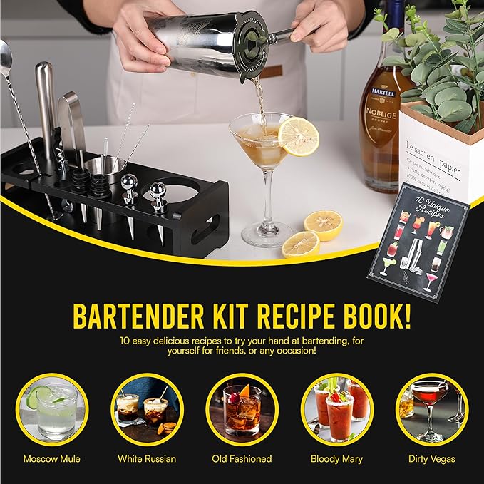 Nikleberry Premium 18-Piece Bartender Kit - Mixology Cocktail Shaker Set with Modern Bamboo Stand, Weighted Boston Shaker, Bar Mat & Recipe Book | 304 Stainless Steel Home Bar Accessories