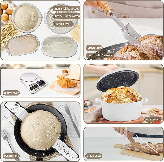 Sourdough Starter Kit with Dutch Oven, 24cm White Baking Pot, 4 Proofing Baskets, Starter Jar, Digital Scale, Bread Lame, Bread Bags & Silicone Mat for Beginners (White)