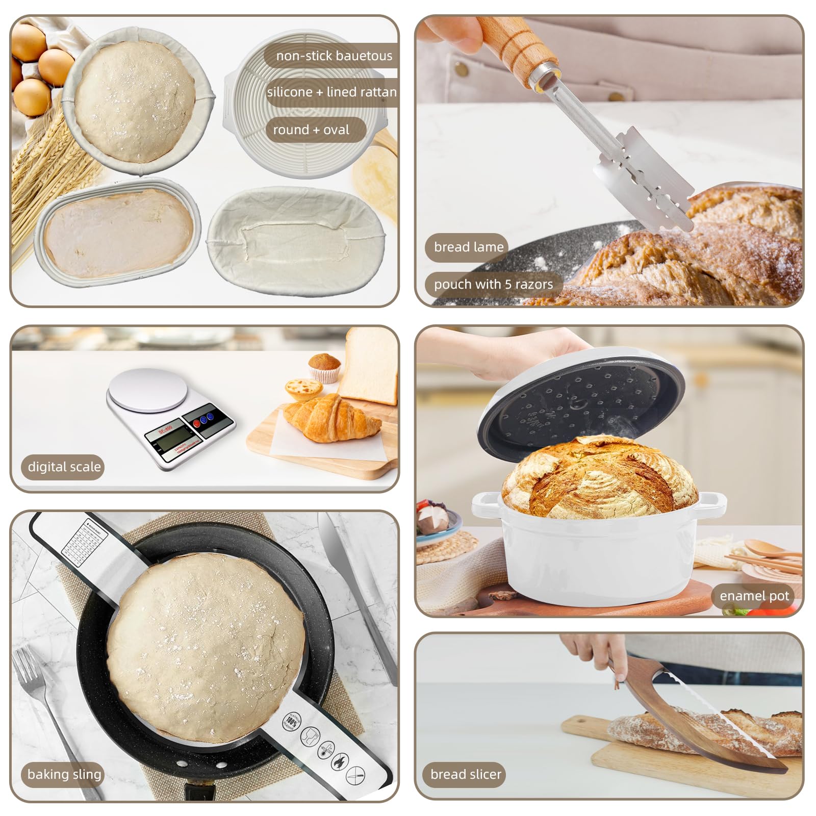 Sourdough Starter Kit with Dutch Oven, 24cm White Baking Pot, 4 Proofing Baskets, Starter Jar, Digital Scale, Bread Lame, Bread Bags & Silicone Mat for Beginners (White)