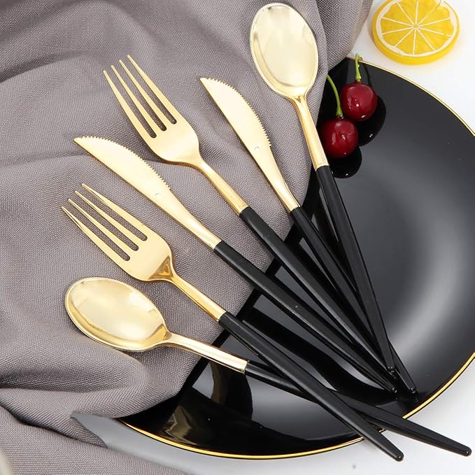 I00000 144Pcs Black Plastic Silverware Set, Gold Utensils with Black Handle