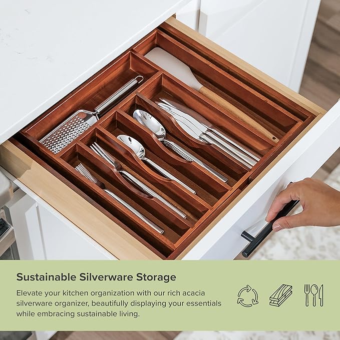 KitchenEdge Silverware & Utensil Drawer Organizer, 14.5-25 in, Acacia