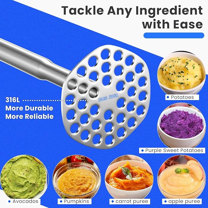 Aihomo 316L Stainless Steel Potato Masher, Dishwasher safe, Storage Bag