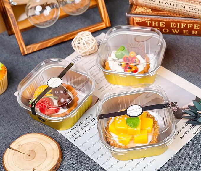NPLUX Square Aluminum Pans with Lids, 50 Pack Gold for Dessert Displays