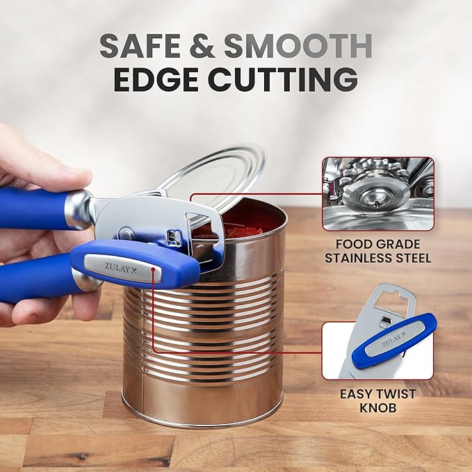 Zulay Kitchen Heavy Duty Stainless Steel Can Opener Manual with Bottle Opener - Rust Proof Manual Can Opener With Turn Knob & Comfy Soft Grip Handles - Royal Blue