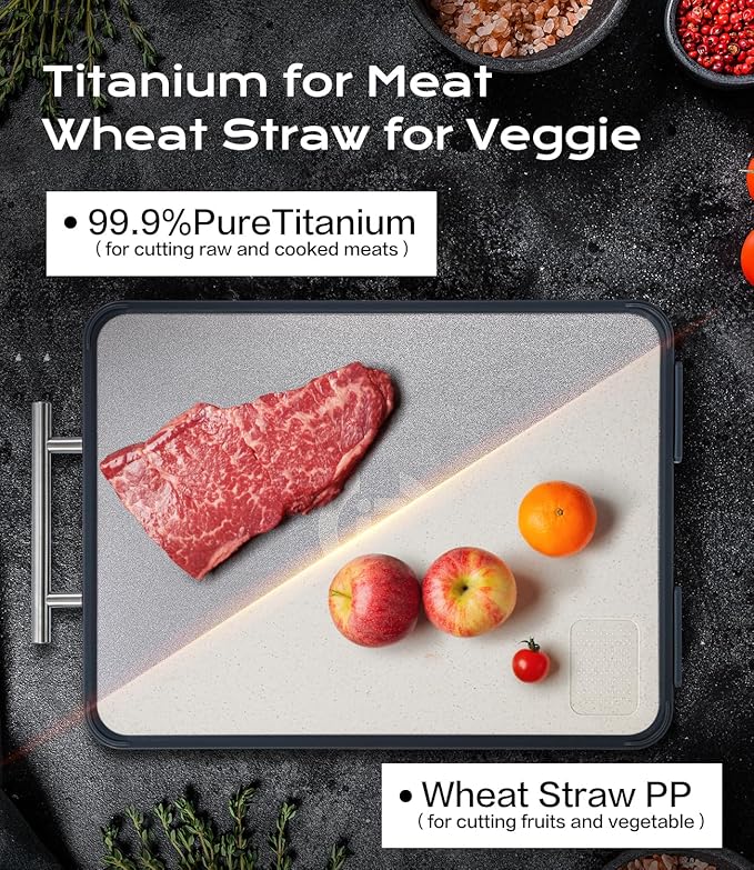 Titanium Cutting Board for Kitchen- Double Sided Cutting Board with Stand, Textured Food-Grade Pure Titanium Side for Chopping Meat, PP Side for Vegetables, Easy to Clean(14.5”×11”, 1 PC)