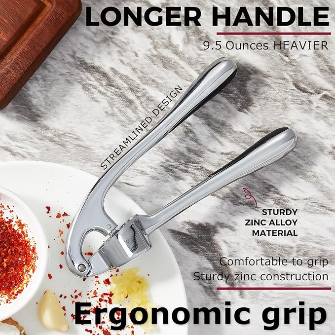 Kitessensu High Effective Premium Garlic Press Set, With Silicone Garlic Peeler & Brush, Heavy Duty Garlic Mincer, Easy to Squeeze and Clean, Rust Proof - Gloss Silver