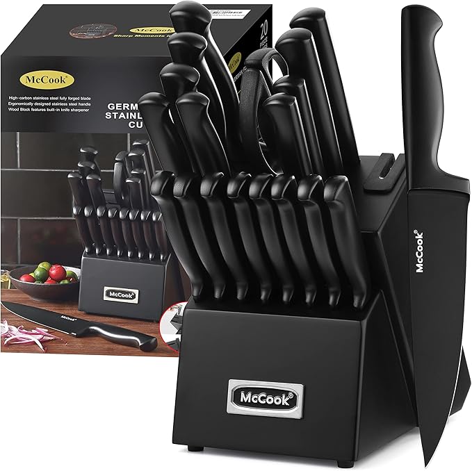 McCook® Premium Black Knife Sets,German Stainless Steel Kitchen Knives Block Set with Built-in Sharpener, 20-Piece Razor-Sharp Kitchen Knives with Ergonomic Handles, Elegant Box for Gift, Black