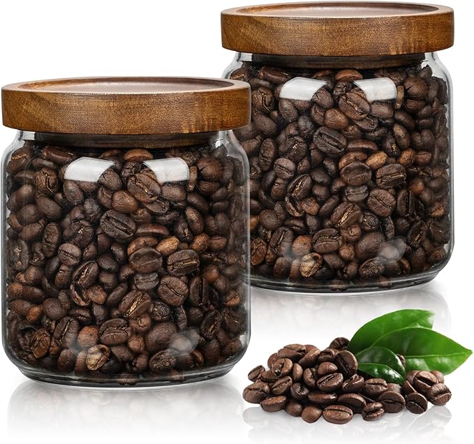 piconesper 2PCS Small Glass Storage Jars with Airtight Lids, 17 fl oz (500ml) coffee container with Wooden Lid, Glass Pantry Canister for Beans, Rice, Sugar and etc