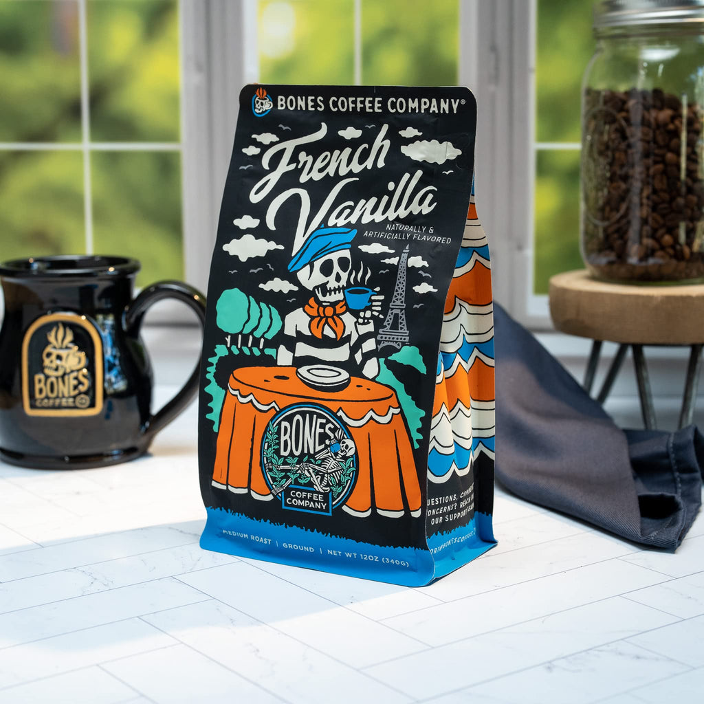 Bones Coffee Company French Vanilla, Creamy Vanilla Flavored Coffee, Medium Roast Low Acid Arabica Beans Compatible with Auto drip and French Press Coffee Maker, 12 Oz Ground