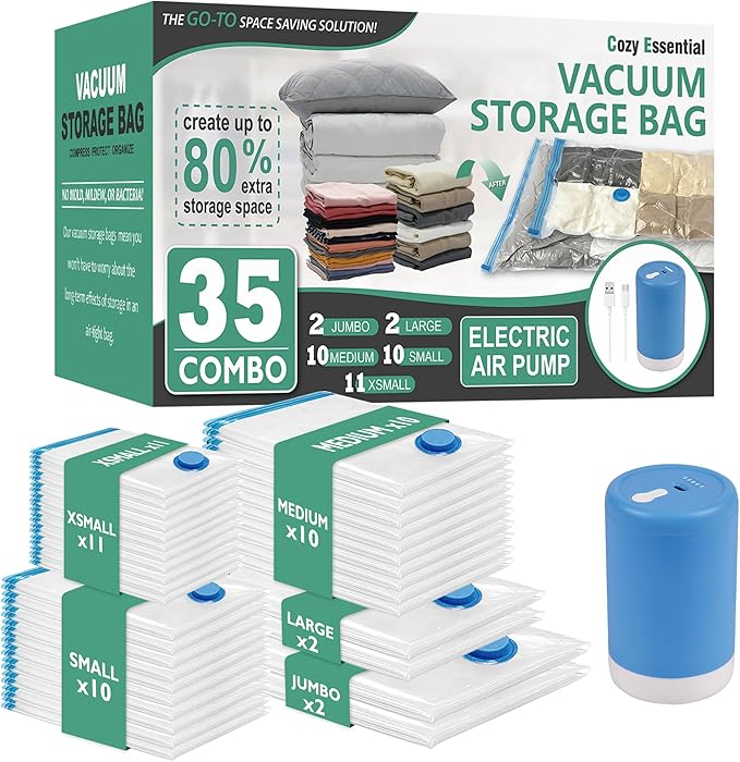 Cozy Essential Travel Vacuum Storage Bags with Rechargeable Cordless USB Pump, Space Saver Bags for Luggage, Suitcase, Carry-On, for Clothes, Blankets, Bedding & Seasonal Storage,35 Combo