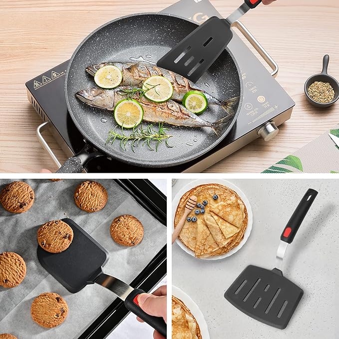 HOTEC Silicone Spatula Turner Set of 3, Heat Resistant 600°F & BPA-Free Flexible Rubber Spatulas for Nonstick Cookware, Kitchen Utensils for Flipping Eggs, Fish, Burgers, Pancakes, Cookie, Crepes
