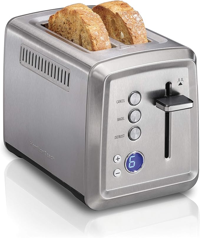 Hamilton Beach 2 Slice Toaster with Digital Read Out, Extra-Wide Slots, Bagel Setting, Toast Boost, Slide-Out Crumb Tray, Auto-Shutoff & Cancel Button, Defrost Function, Stainless Steel (22796)