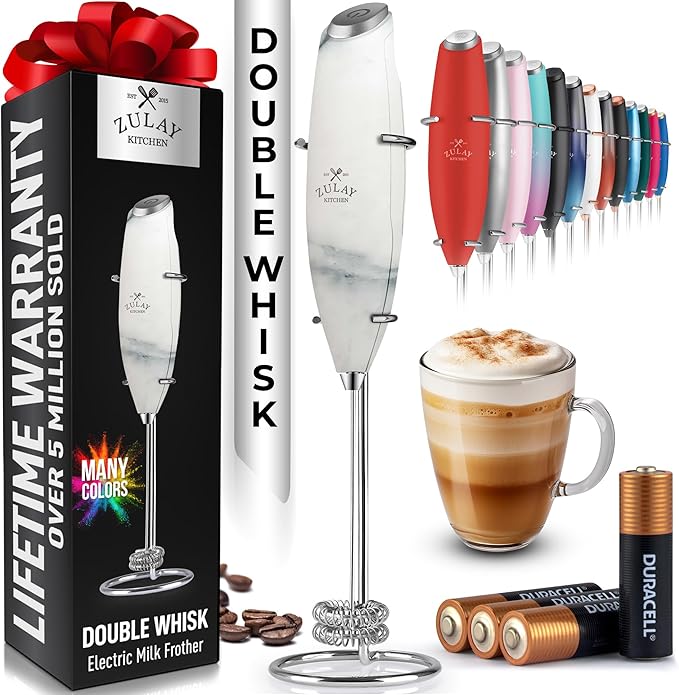 Zulay Kitchen Powerful Milk Frother Wand With Duracell Batteries - Ultra Fast Handheld Drink Mixer - Electric Whisk Foam Maker for Coffee, Lattes, Cappuccino & Matcha - Double Whisk - Quartz