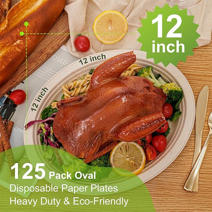 WELLIFE 100% Compostable Oval Paper Plates 12 Inch 125-Pack Large Plates