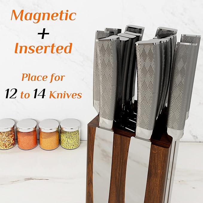 Brosisincorp 360° Rotating Acacia Wood Magnetic Knife Block without Knives