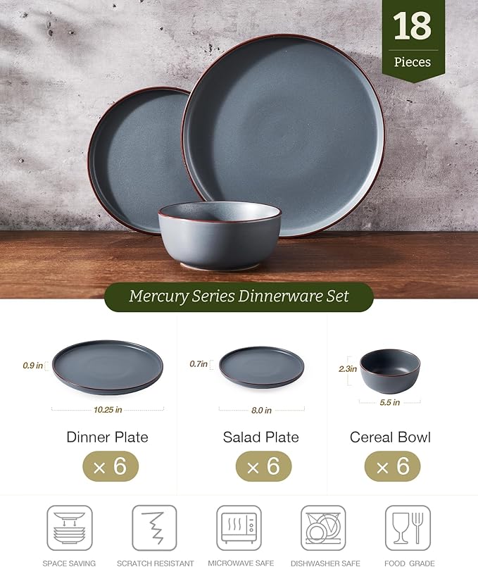 Famiware Mercury 18-Piece Stoneware Dinnerware Set, Charcoal