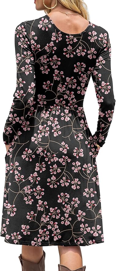 DB MOON Women Casual Long Sleeve Dresses Empire Waist Loose Dress with Pockets (Flower Gypsophila Black, M)