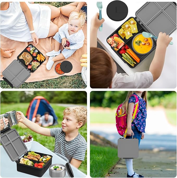 Aimsnk Kids Lunch Box with Thermo Insulated Lunch Bag for School, Black