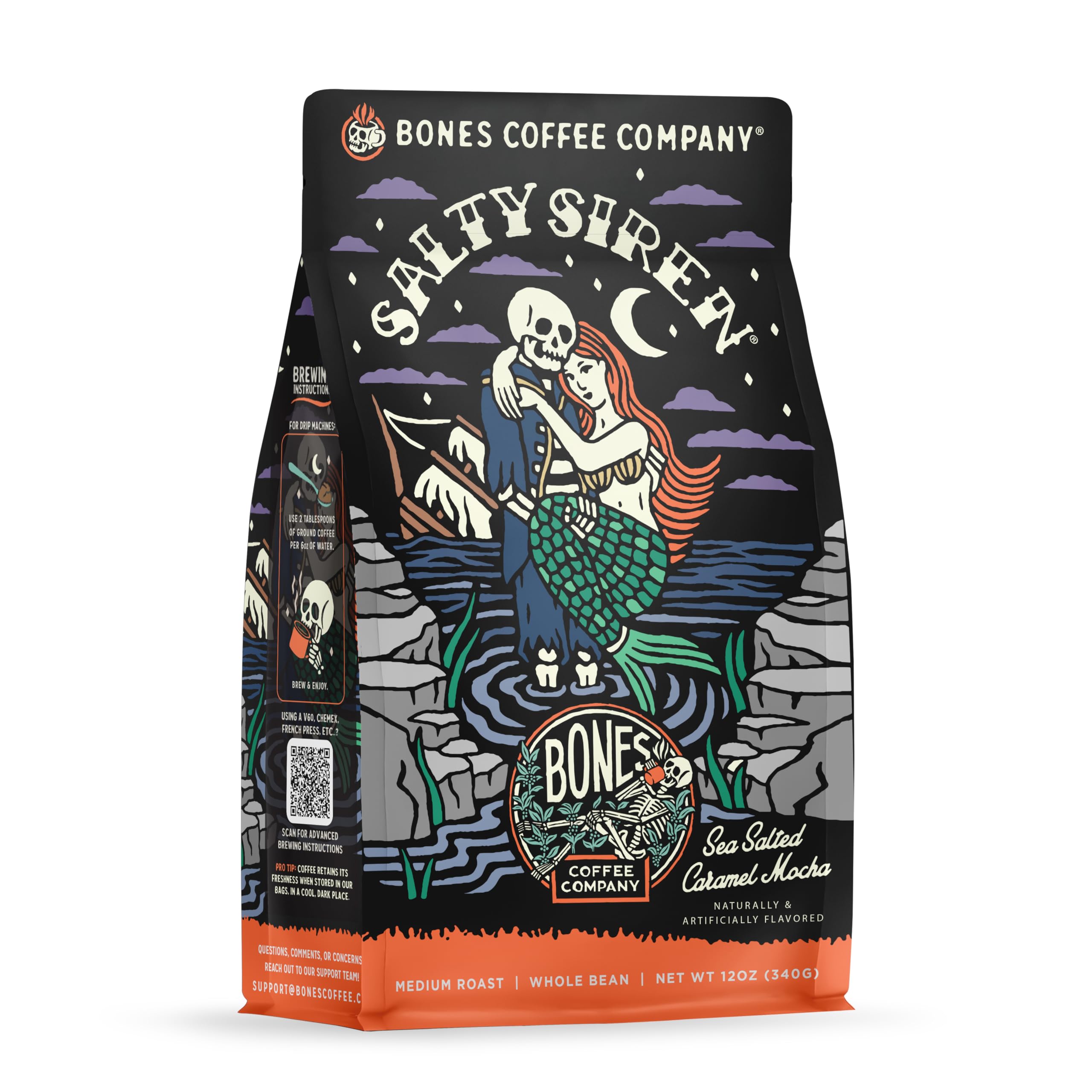 Bones Coffee Company Salty Siren, Sea Salted Caramel Chocolate Flavored Coffee, Medium Roast Low Acid Arabica Beans Compatible with Auto drip and French Press Coffee Maker, 12 Oz Whole Bean