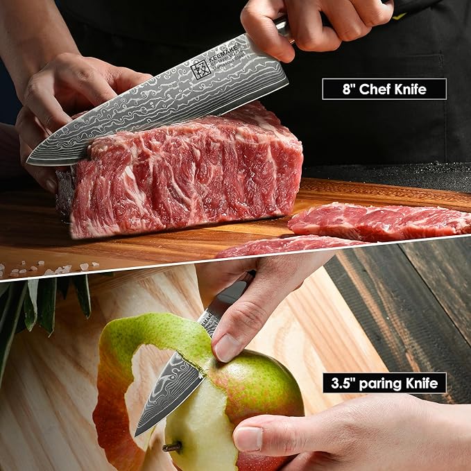 KEEMAKE Damascus Kitchen Knife Set, 2PCS Ultra Sharp 67-Layer Damascus Steel Chef Knife with G10 Non-Slip Handle, Elegant Box for Men Husband