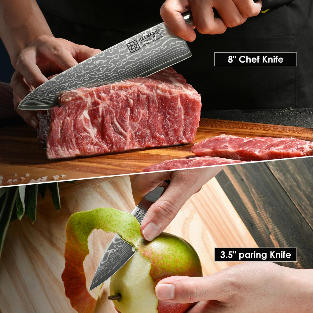 KEEMAKE Damascus Kitchen Knife Set, 2PCS Ultra Sharp 67-Layer Damascus Steel Chef Knife with G10 Non-Slip Handle, Elegant Box for Men Husband