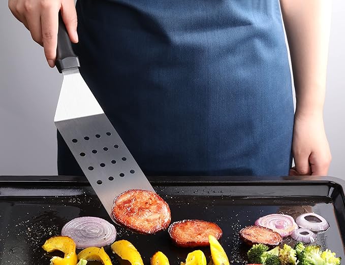 New Star Foodservice 14.5 Inch Perforated Flexible Grill Turner, Stainless Steel Spatula with Black Plastic Handle for Griddle, Flat Top, Grill, and Restaurant Use