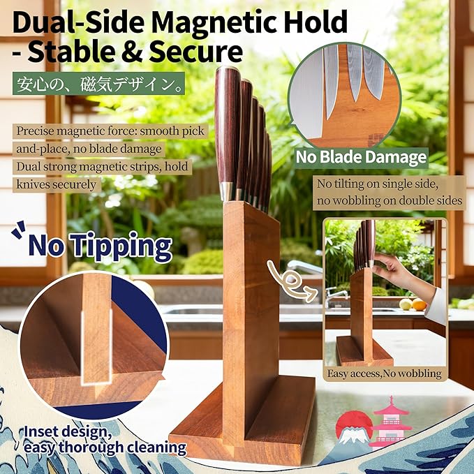 FULLHI Kitchen Magnetic Knife Block Holder Large Magnetic Strip NaturalWood