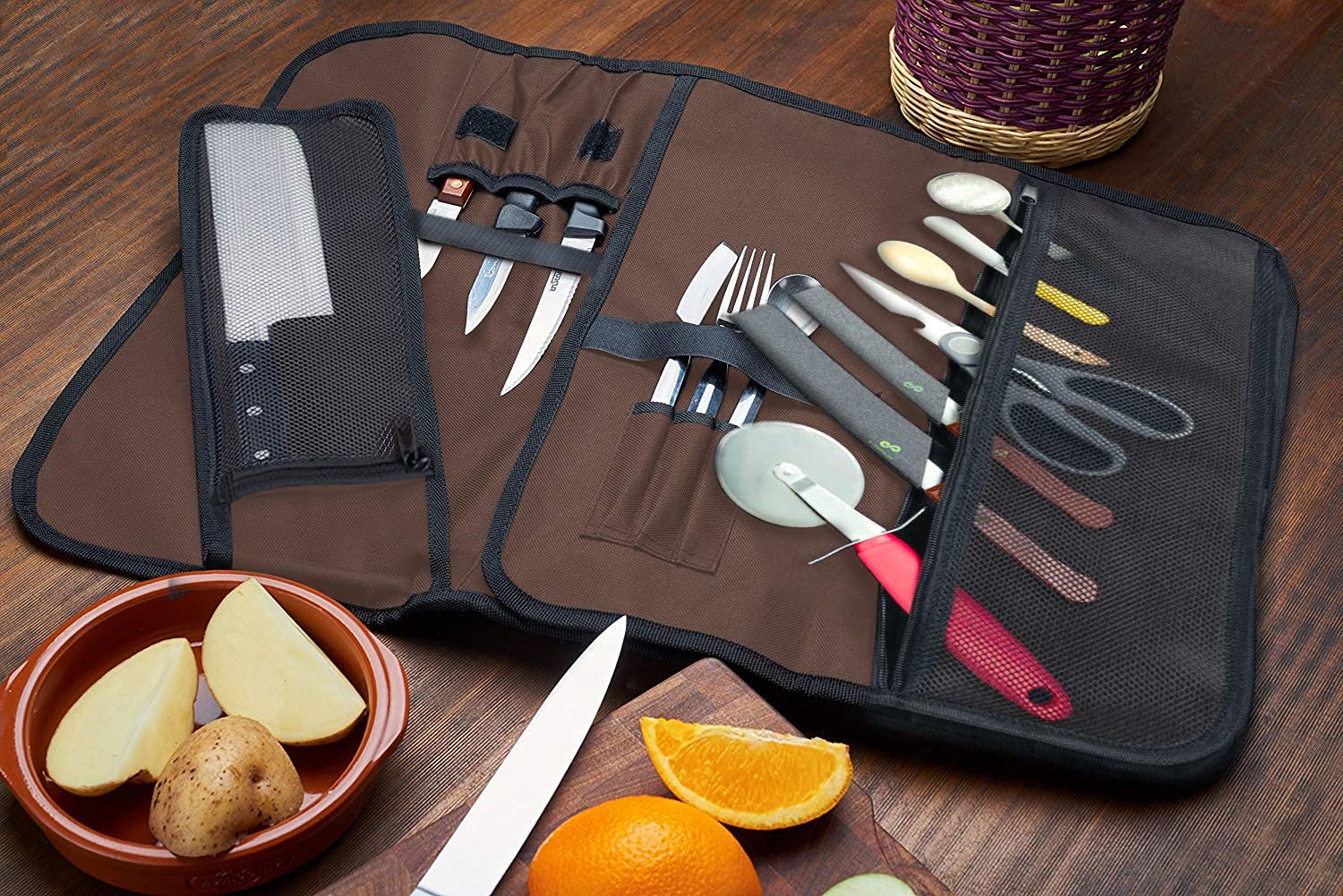 EVERPRIDE Chef Knife Roll Bag Holds 10 Knives – Contains 2 Large Zippered Pockets for Meat Cleavers and Cooking Tools – Durable Knife Carrier Case for Chefs and Culinary Students – Knives Not Included