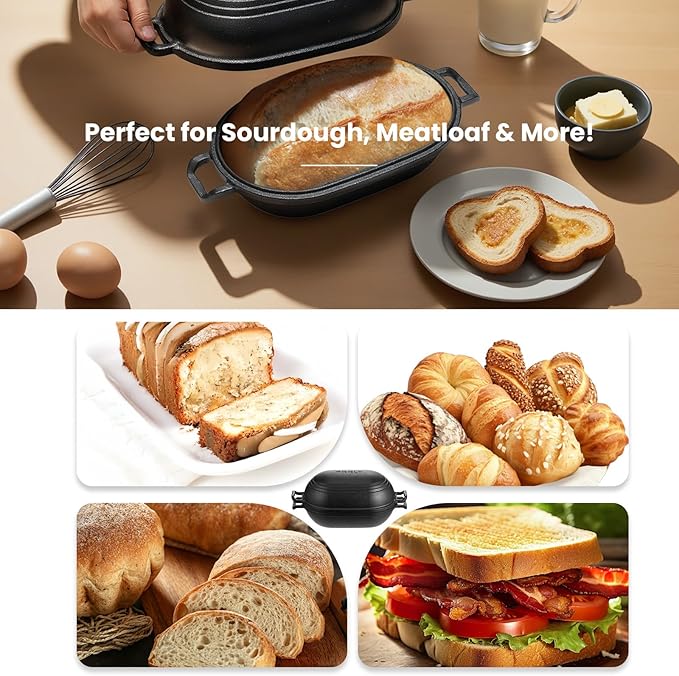 FRRLY Cast Iron Loaf Pan with Lid-Bread Baking Pan for Sourdough,Pre-Seasoned Oval Dutch Oven, 9 x 5-4/5 Inch Loaf Pans for Homemade,Heavy Duty with Even Heating