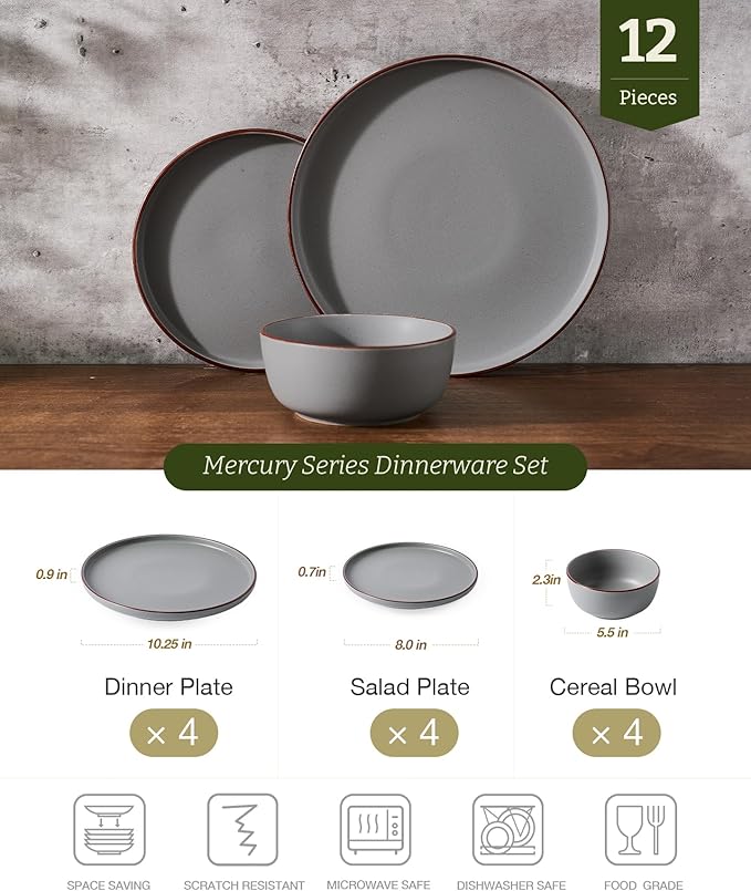 Famiware Mercury 12-Piece Stoneware Dinnerware Set, Dark Grey