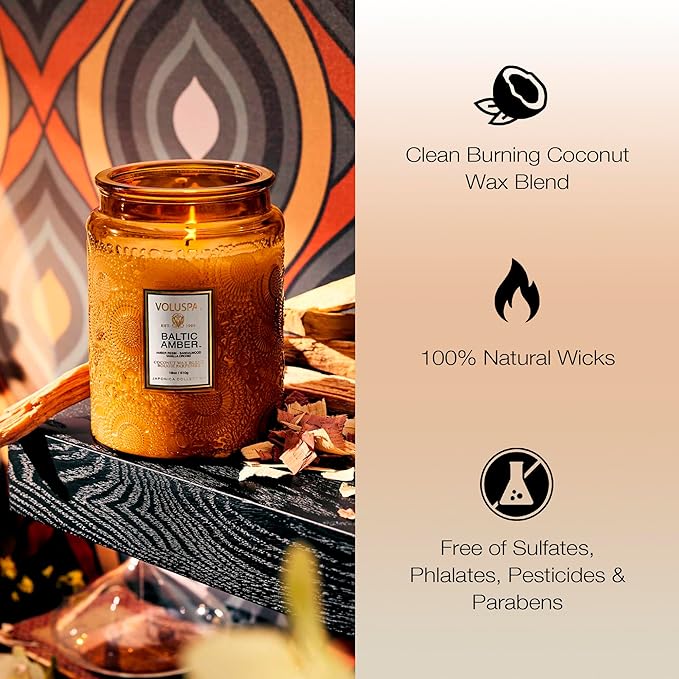 Voluspa Baltic Amber Large Scented Candle Jar 18 Oz, 100 Hr Burn
