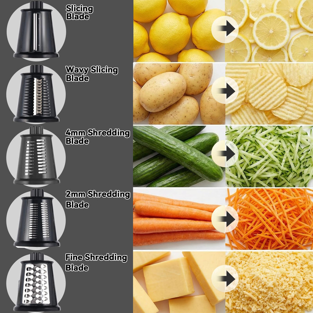 ChinKc Upgrade Rotary Cheese Grater Shredder with Handle, Strong Suction Base, Multi-purpose Rotary Grater Slicer with 5 Interchangeable Blades for Ice, Vegetables, Fruit, Nuts with Blade Storage Box