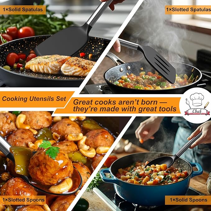 Yoehka Silicone Cooking Utensils Set, 4Pcs Spatula and Spoon Set, Black