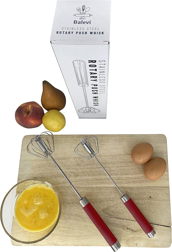 Balevi Stainless Steel Push Whisk - Easy to Use Manual Hand Mixer & Plunger Whisk - Make Froth, Foam & Whipped Cream - Semi Auto Egg Beater Plastic Tip Won’t Scratch Pans (2 Pack 10in & 12in) RED
