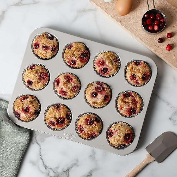 Martha Stewart Gallen 12 Cup Nonstick Carbon Steel Muffin and Cupcake Pan – Cool Grey, Durable Bakeware for Even Baking and Easy Release