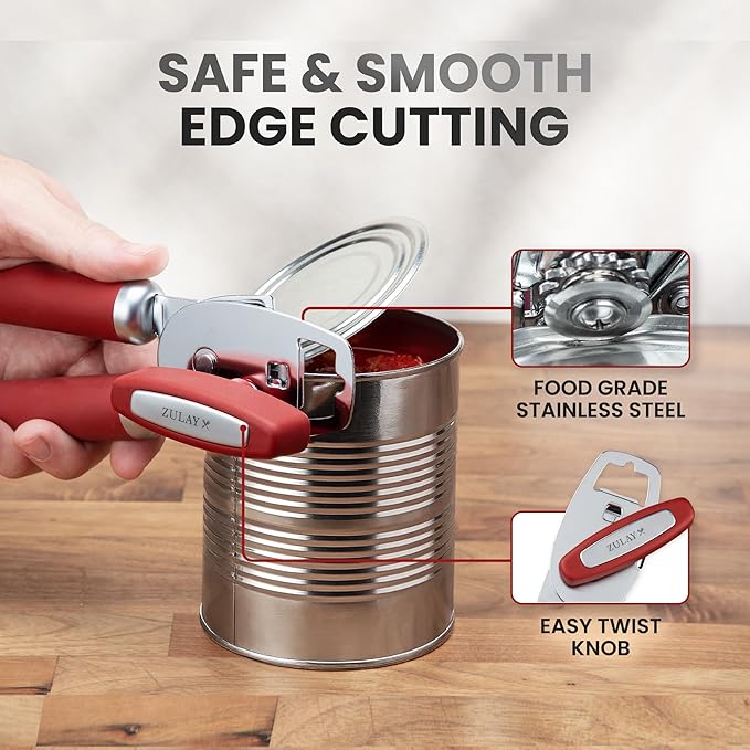 Zulay Kitchen Heavy Duty Stainless Steel Can Opener Manual with Bottle Opener - Rust Proof Manual Can Opener With Turn Knob & Comfy Soft Grip Handles - Red