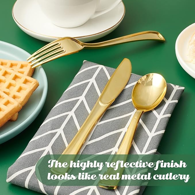 FOCUSLINE 300 Pack Disposable Gold Plastic Knives, Solid and Durable Plastic Cutlery Knives, Heavy Duty Disposable Utensil Silverware for Catering, Parties, Dinners, Weddings