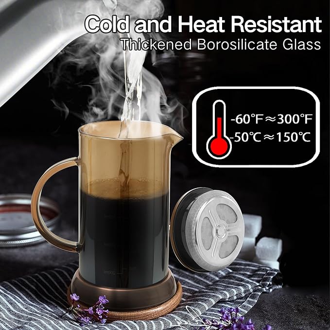 YMMIND 21 Ounce French Press Coffee Maker, 4-Cup Espresso Coffee Maker, Grey Cold Brew Heat Resistant Thickened Borosilicate Coffee Pot with 4 Stainless Steel Filter Screens