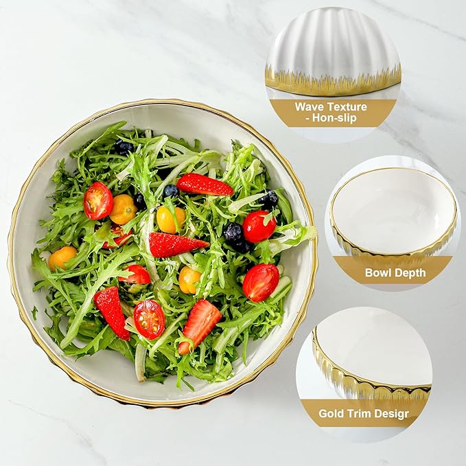LETAOTAO Serving Bowls, 10 inch Ceramic Salad Bowl with Gold Trim, Set of 2