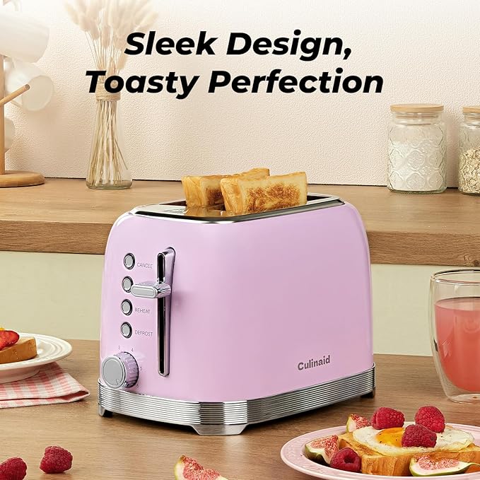 Culinaid Toaster 2 Slice Retro Stainless Steel, Pastel Pink