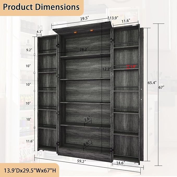 Vrmuxita Tall Kitchen Pantry Cabinet: Food Pantry Cabinets for Kitchen Storage, Grey Wood Storage Cabinet with 2 Doors, Farmhouse Cabinets with Freestanding Cupboard (Grey)
